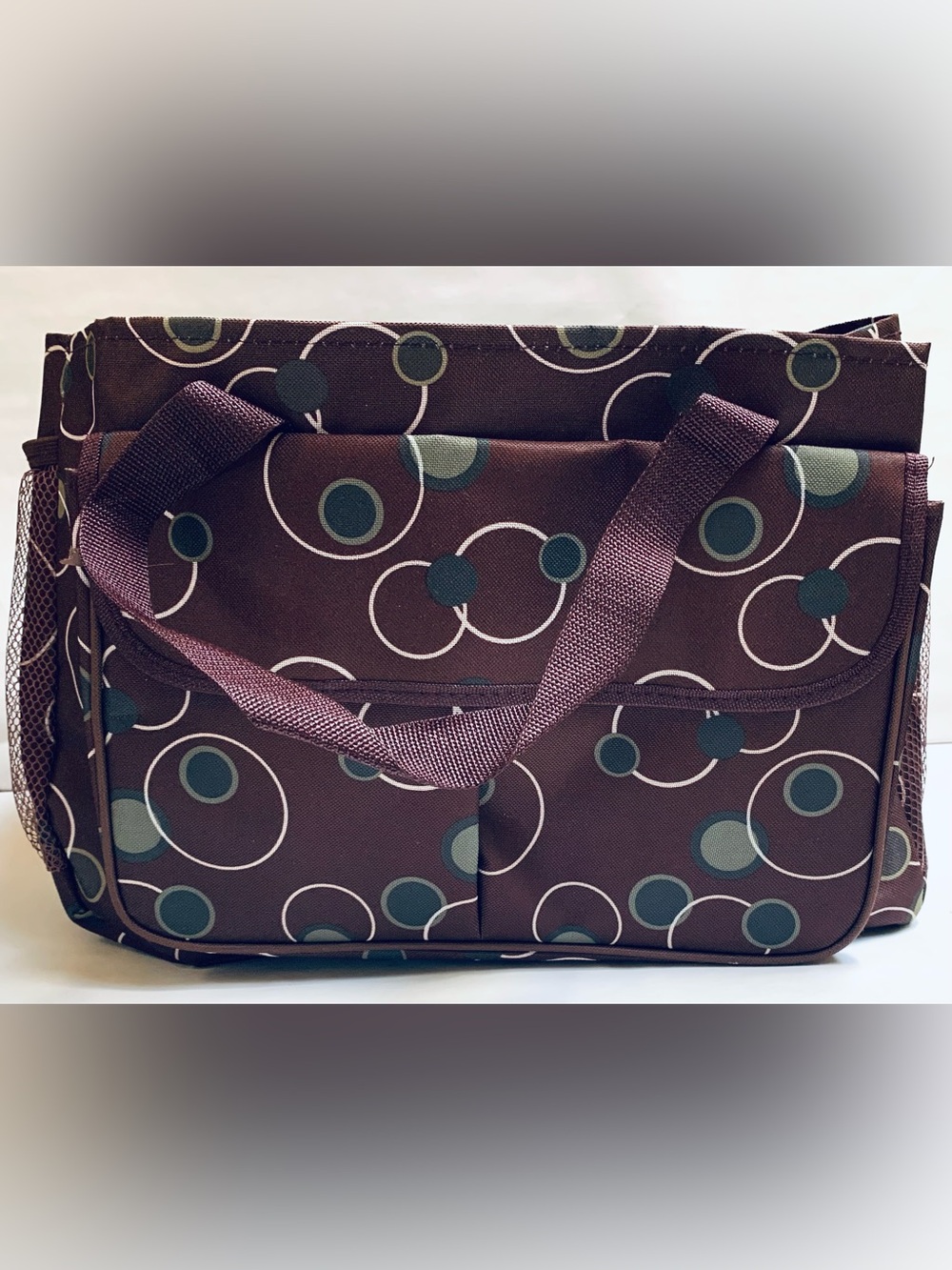 Large Brown Green White Polka Dot Baby Diaper Bag travel bag Tote with Pockets